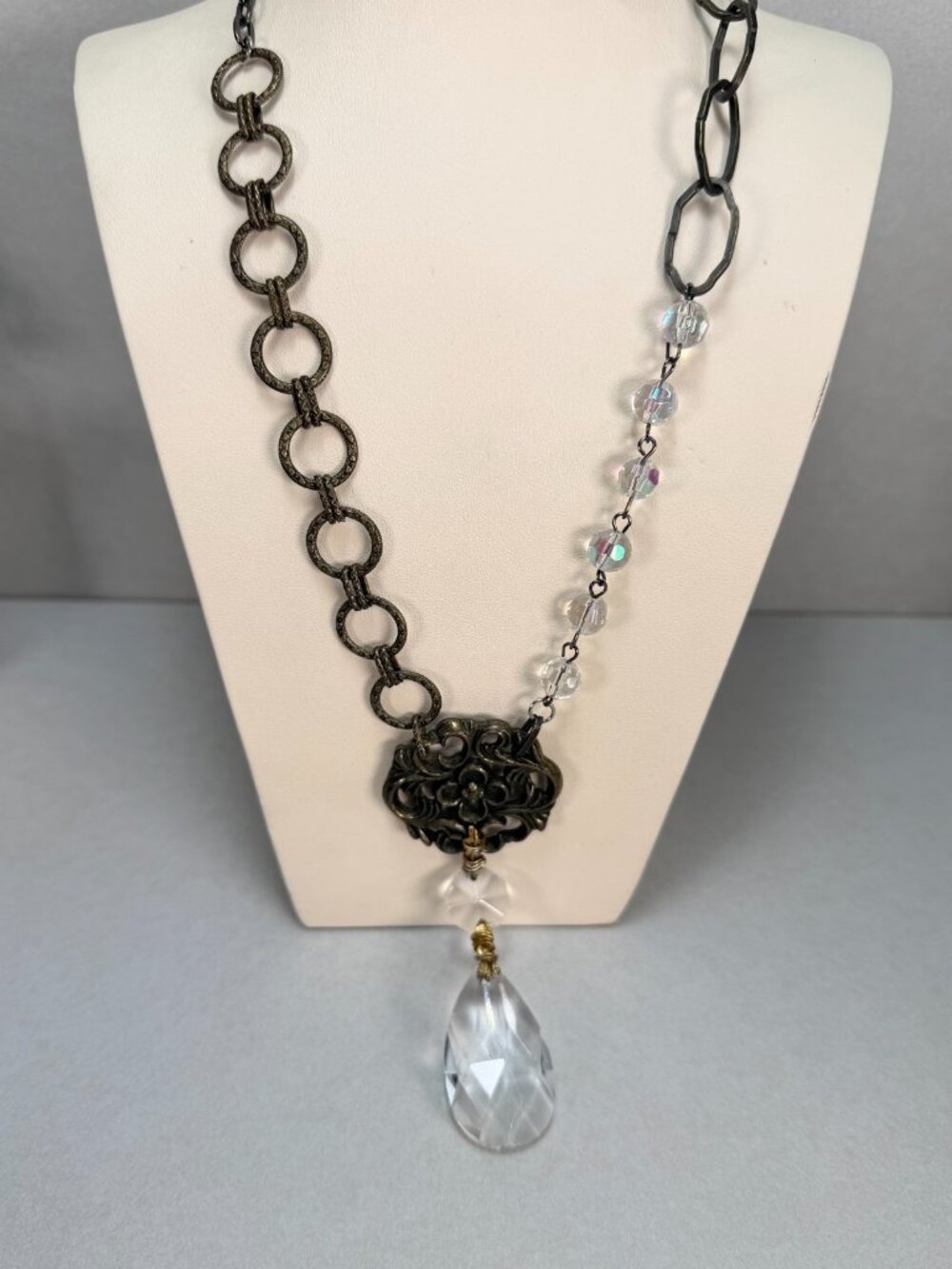 Vintage Artisan Crystal Drop Filigree Asymmetrical Statement Necklace 26"
